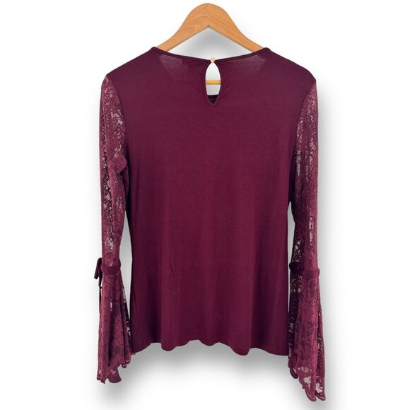 Size Small VINCE CAMUTO BURGUNDY WINE LACE BELL SLEEVE KNIT TOP Shirt Blouse - Picture 5 of 8
